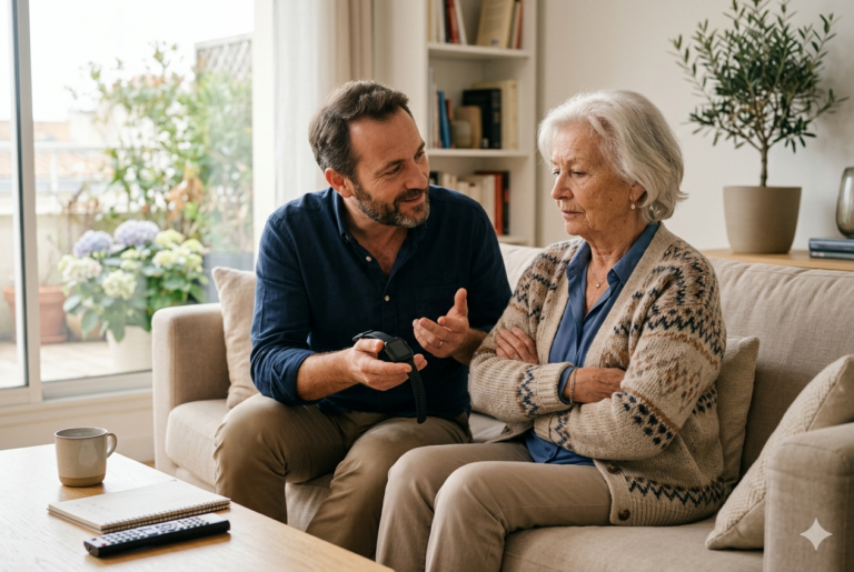 Personne âgée réticente face à une montre de téléassistance présentée par un aidant familial dans un salon moderne