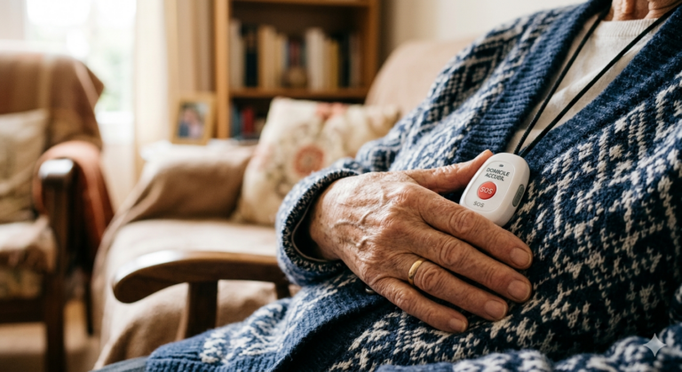 Personne âgée tenant un médaillon de téléassistance SOS à domicile